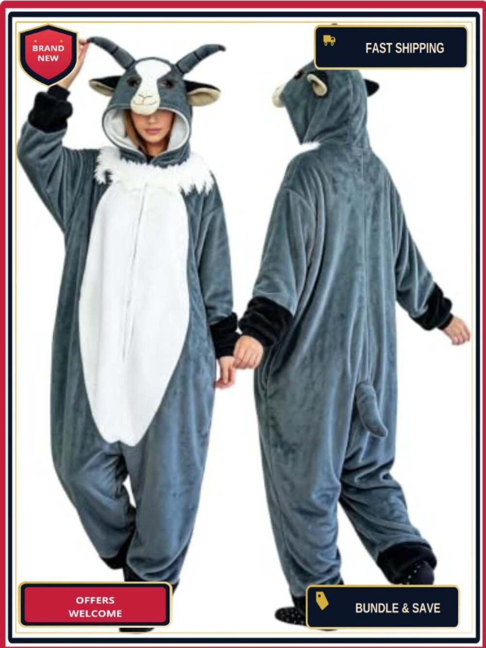 Adult Goat Onesie Hooded Flannel Fleece One-Piece Pajama Halloween Cosplay